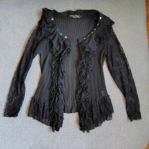 Pretty Angel Open Silk Sheer Cardigan Top Women L Black Lace Ruffle Goth Witchy